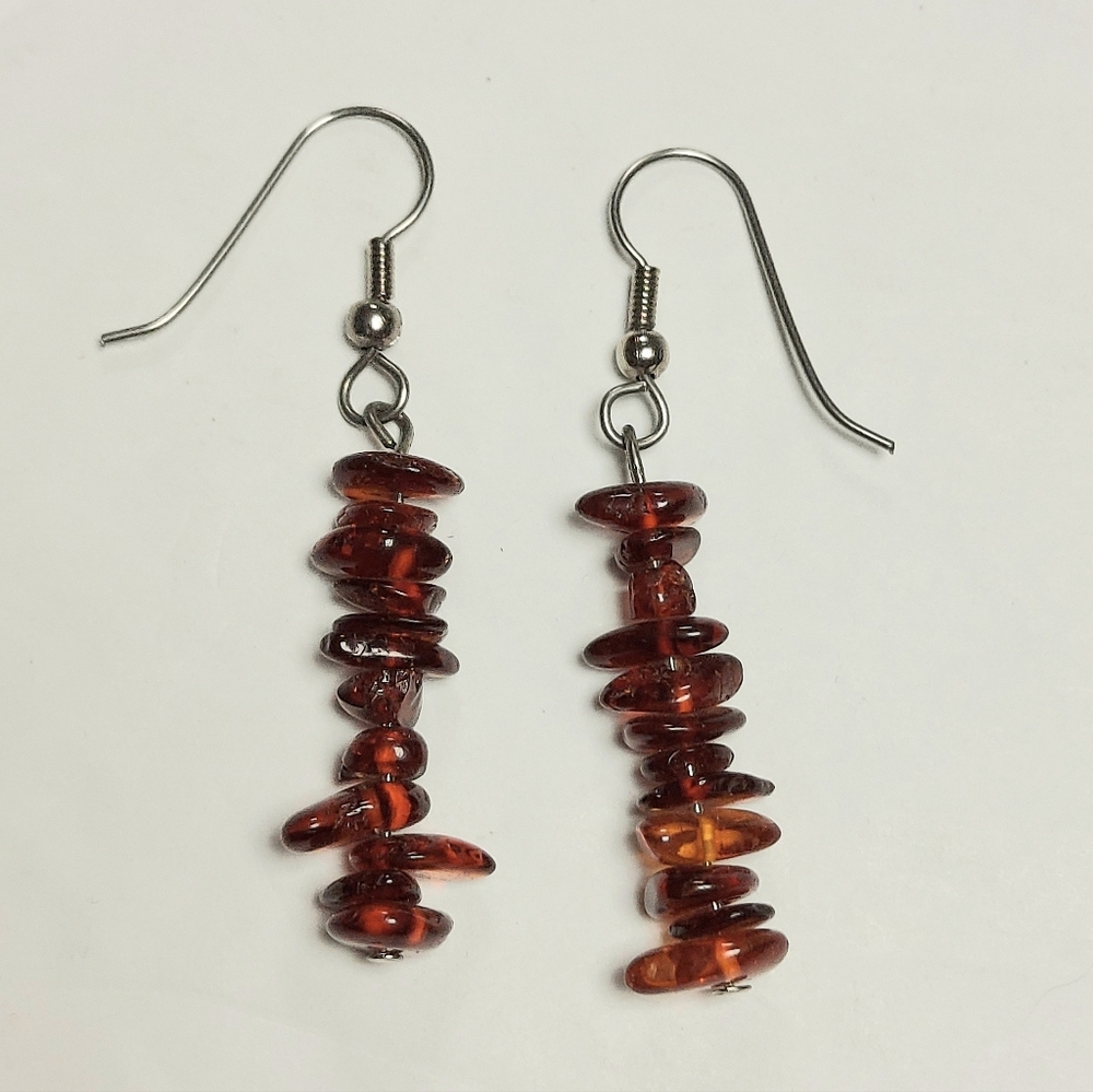 Natural Chunk Amber Sterling Silver French Wire Dangle Earrings 2" Long
